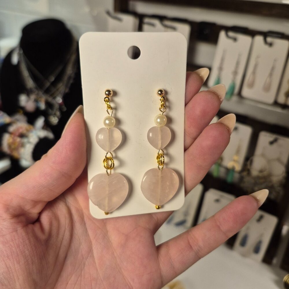Rose Quartz Hearts Earings - Picture 6 of 8